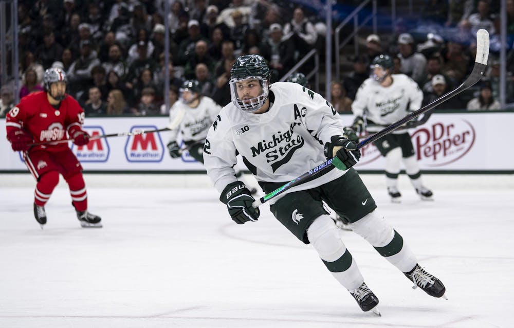 <p>MSU junior defense Patrick Geary (2) skates after the puck in the Munn Ice Arena on March 14, 2026.</p>