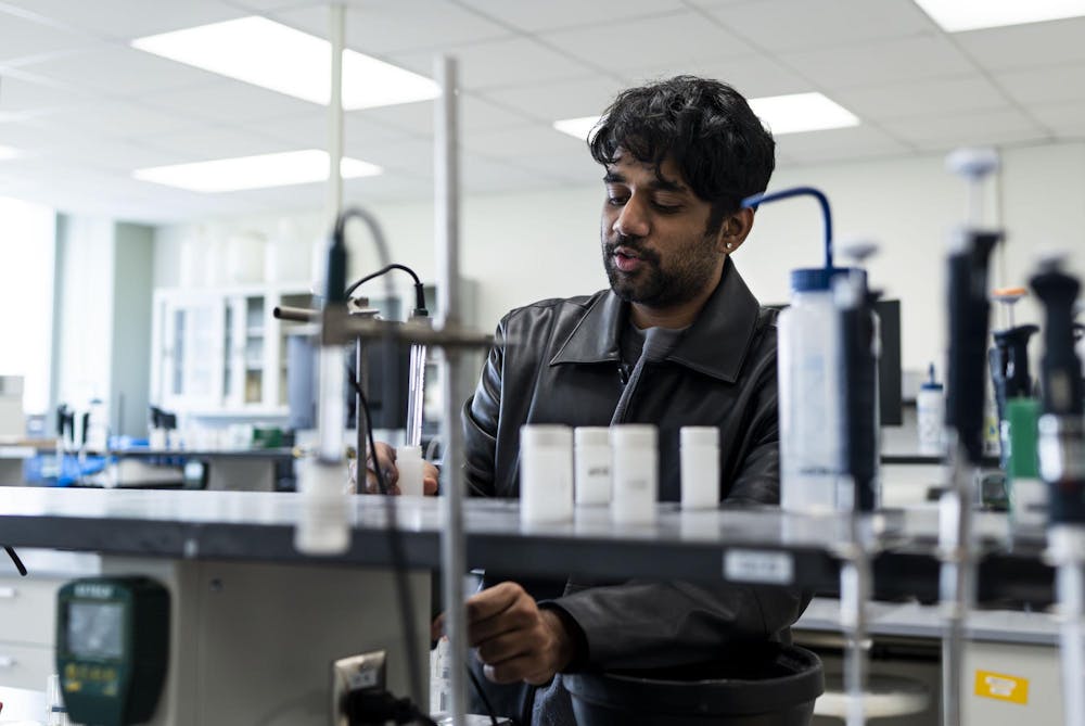 Abhinav Anand works in the lab in the Biochemistry building in East Lansing, Mich., on April 6, 2026. He is finishing up experiments in his senior capstone class for biochemistry. After graduation, he is looking at working in a lab or getting a masters degree, with the goal of eventually going to medical school. 