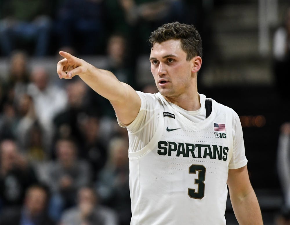 <p>Then-sophomore guard Foster Loyer (3) celebrates a three-pointer during the game against Western Michigan Dec. 29, 2019 at the Breslin Center. The Spartans defeated the Broncos, 95-62.</p>