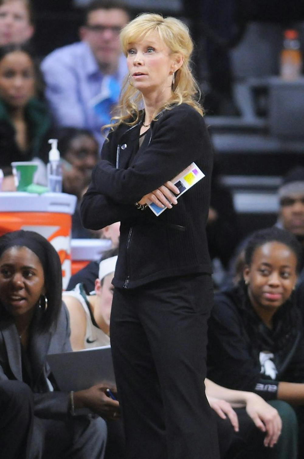 <p>Head coach Suzy Merchant reacts to a call Feb 5, 2015, during the game against Michigan at Breslin Center. The Spartans were defeated by the Wolverines, 72-59. Kennedy Thatch/The State News</p>