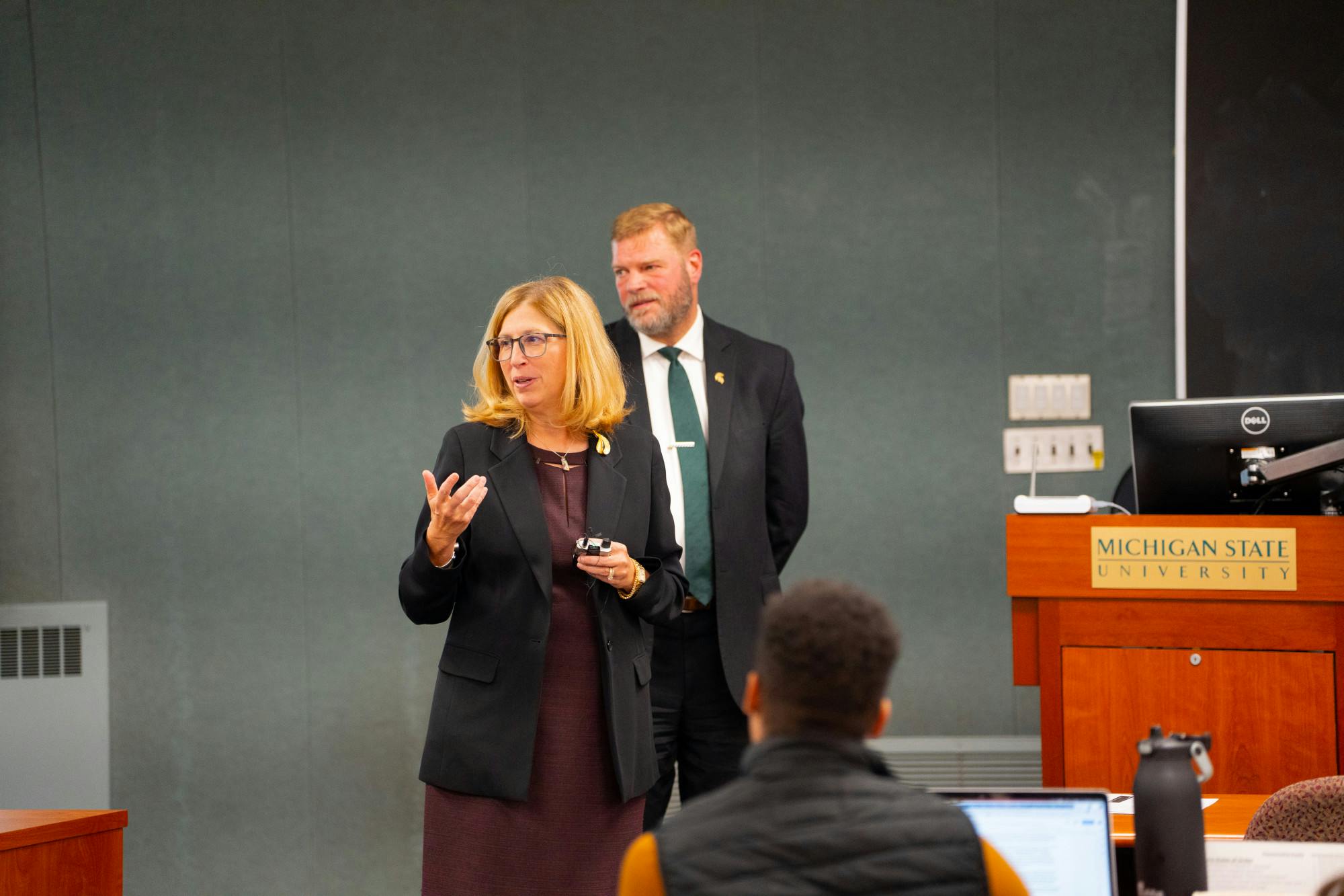 Interim president, Teresa K. Woodruff answering questions at the ASMSU GA meeting, held at the international center on November 3, 2022.
