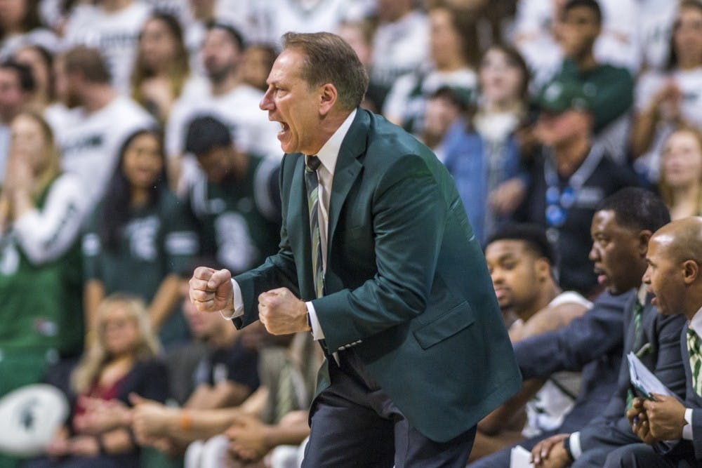 Michigan State’s head coach Tom Izzo reacts during the men's basketball game against Michigan on Jan. 13, 2018 at Breslin Center. The Spartans were defeated by the Wolverines, 82-72. (Nic Antaya | The State News)