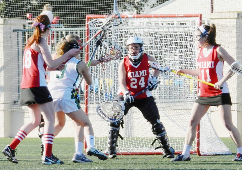 After her shot was deflected, junior attacker Alexa Quinlan looks to defend her rebound, which was picked up by Miami (Ohio). The Spartans lost to the Redhawks 12-6 on Friday at the Santa Barbara Shootout in Santa Barbara, Calif. Photo Courtesy of MSU Women's Lacrosse Club