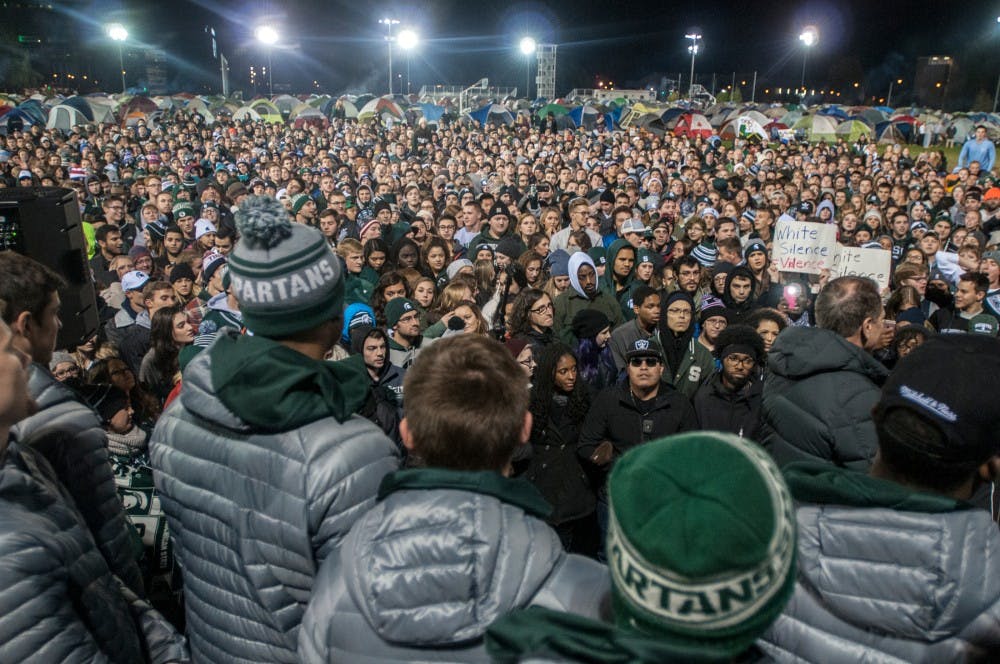 The men's basketball team is introduced during the Izzone Campout on Oct. 21, 2016 at Munn Field. The campout is an annual event where students stay up through the night in hopes of getting lower bowl seating for the upcoming basketball season. 