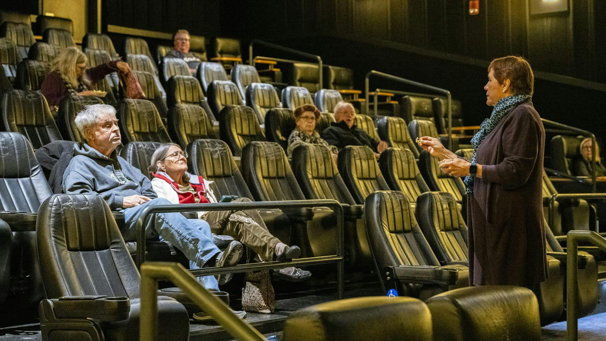 <p>Director of the East Lansing Film Festival Susan W. Woods introduces the movie at the Studio C theatre in Meridian Township, Michigan on Friday, Nov. 7, 2025.</p>