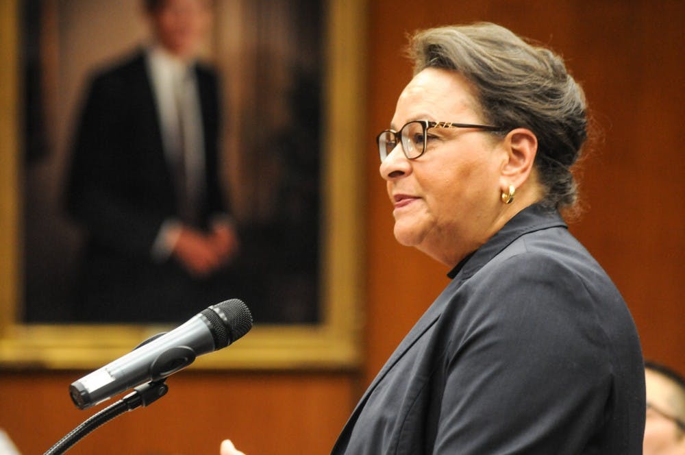 <p>Senior Adviser to the President for Diversity Paulette Granberry Russell speaks at the Board of Trustees meeting on April 12, 2019, at the Hannah Administration Building.</p>