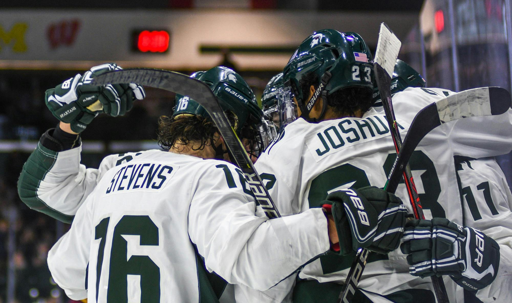 <p>The Spartans celebrate a goal during the game against Arizona on Dec. 14, 2019 at the Munn Ice Arena. The Sun Devils defeated the Spartans, 4-3.</p>