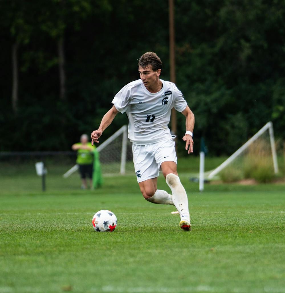 <p>MSU sophomore midfielder, Luke Spadafora (11) rushes towards the goal at DeMartin Stadium in East Lansing, Mich., on Sunday, Aug 30, 2026.</p>
