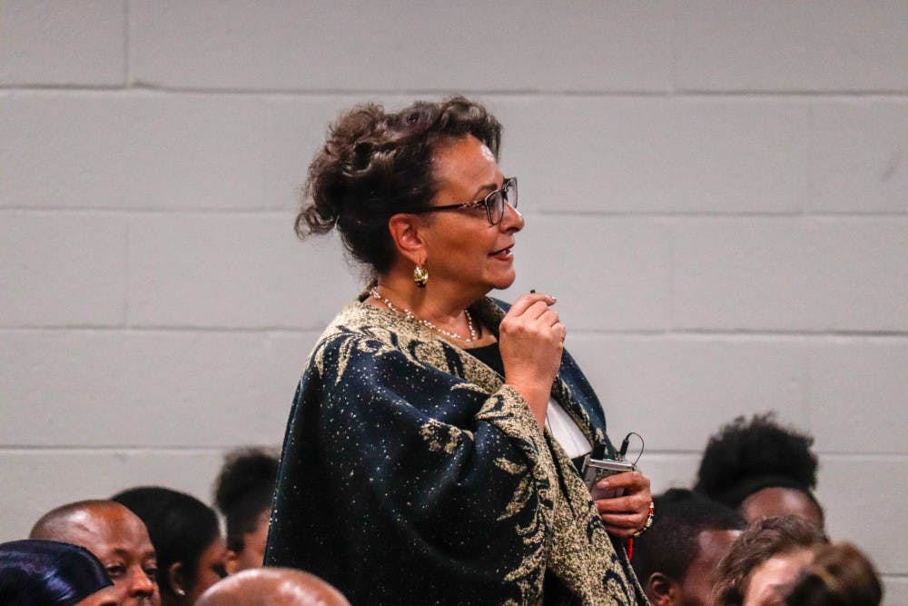 Executive Management Director for the Office of Inclusion and Intercultural Initiatives Paulette Russell speaks at a BSA Community Forum at Akers Hall on Oct. 22, 2019.