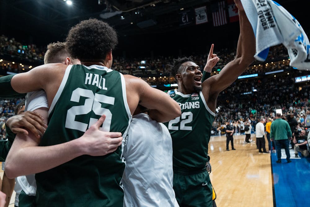 <p>The Spartans celebrate at Nationwide Arena on March 19, 2023, during the second round of the NCAA tournament. Michigan State defeated Marquette 69-60 to advance to the Sweet 16.</p>