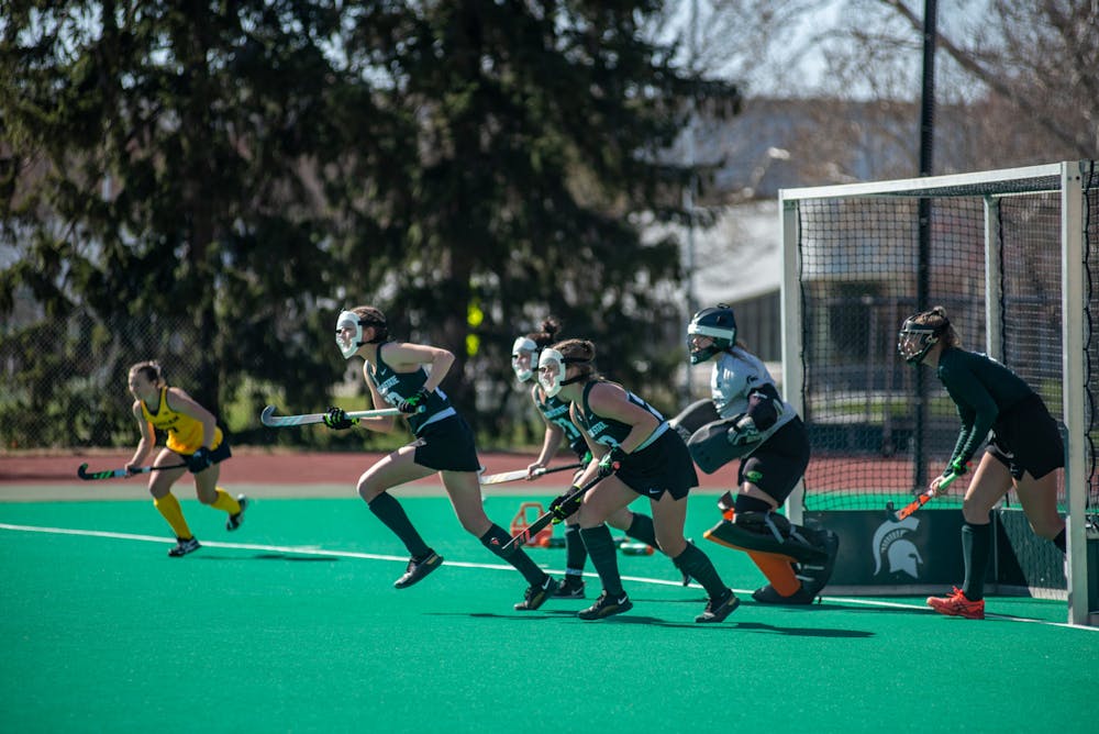 MSU rushes to defend a penalty corner during a game against Michigan on April 2, 2021.
