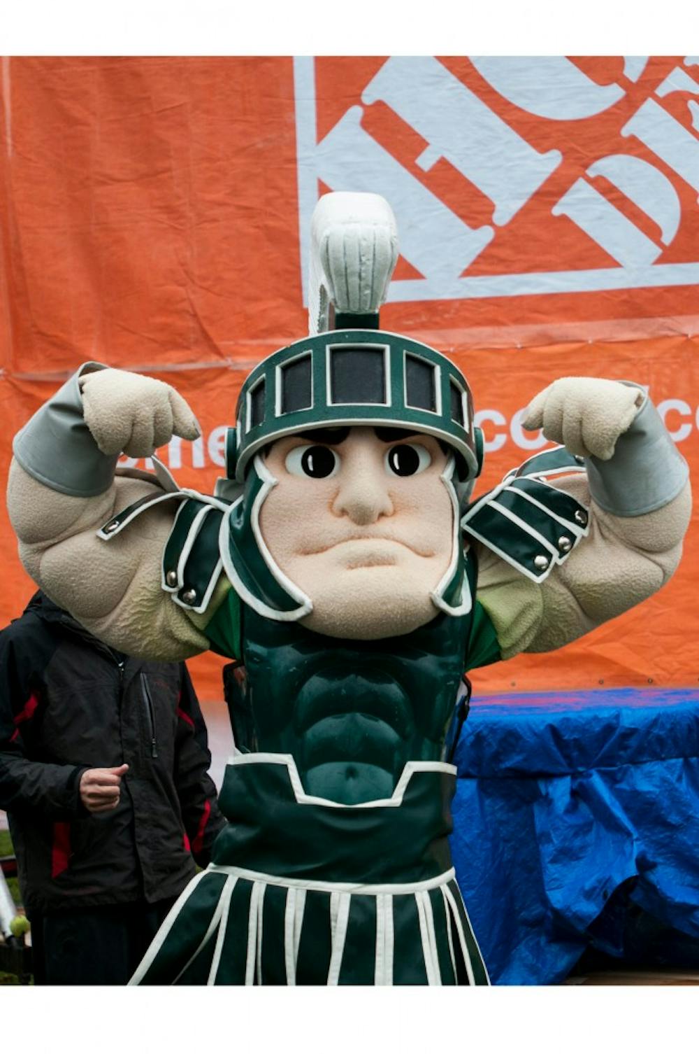 <p>Sparty strikes a pose behind the scenes of ESPN's College GameDay on Nov. 8, 2014, at Demonstration field. Dylan Vowell/The State News</p>