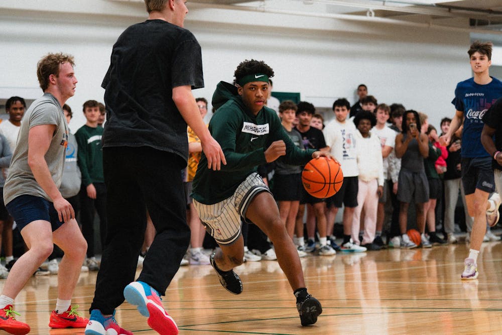 <p>Michigan State sophomore guard Jeremy Fears Jr. drives towards the rim at IM East on April 16, 2025. The men's basketball team showed off their skills during pickup runs for students to watch.</p>