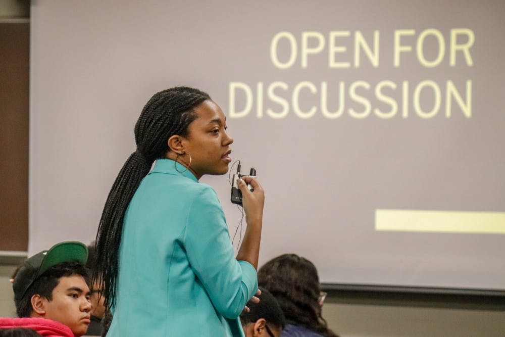 Professor of Plant Soil and Microbial Sciences Eunice Foster speaks at a BSA Community Forum at Akers Hall on Oct. 22, 2019.