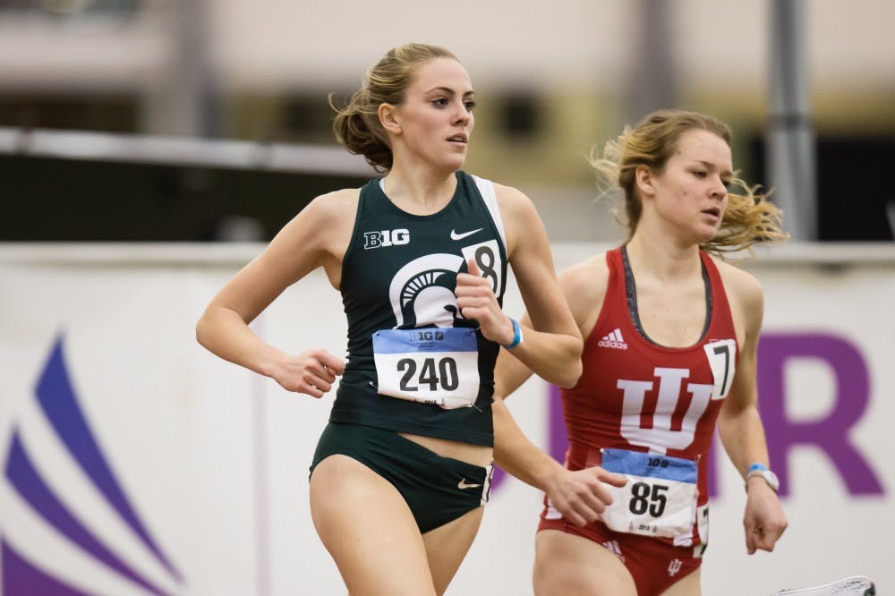 <p>Track and cross country senior Kayla Kavulich competes in a meet. Photo courtesy: MSU Athletics&nbsp;</p>
