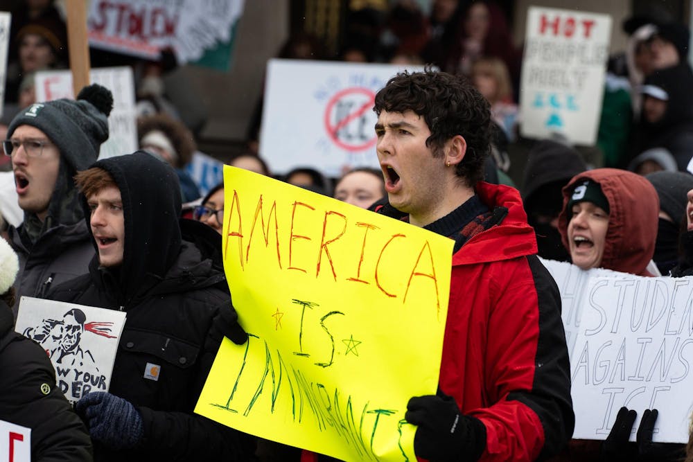 <p>Students gather to protest ICE at Michigan State's Hannah Administration Building in East Lansing, Michigan on Thursday, Jan. 29, 2026.</p>
