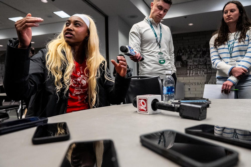 Michigan State Spartans guard Jalyn Brown (23) speaks to reporters after the women’s rivalry matchup at the Breslin Student Events Center in East Lansing, Mich., on Sunday, Feb. 1, 2026.