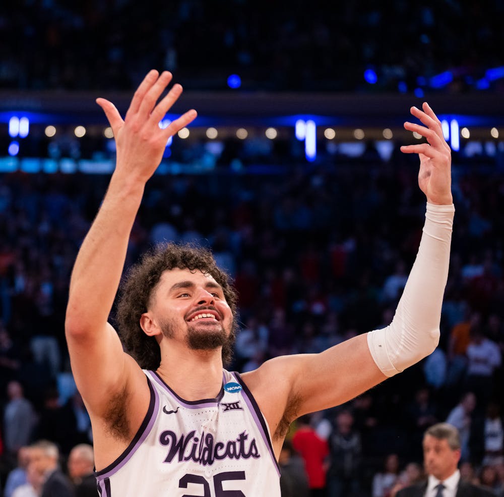 Wildcat junior forward Ismael Massoud celebrates after the Sweet Sixteen matchup against Kentucky State University at Madison Square Garden on March 23, 2023. The Spartans fell to the Wildcats with a score of 98-93. 