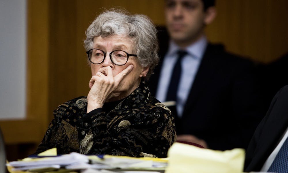 Ex-MSU President Lou Anna K. Simon listens to the prosecutor's opening statement during the first day of Simon's preliminary hearing at Eaton County District Court on Feb. 5, 2019.