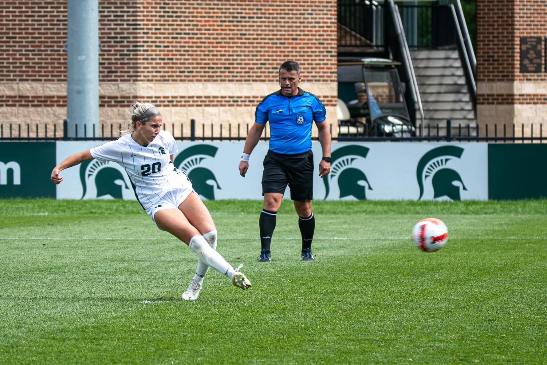 <p>Sophomore defender Zivana Labovic scores a goal on a penalty kick. The Spartans defeated Minnesota 2-1, on Sept. 26, 2021.</p>