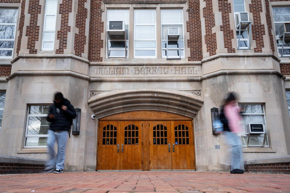 <p>Students walk outside of Berkey Hall in East Lansing, Michigan on February 11, 2025.</p>