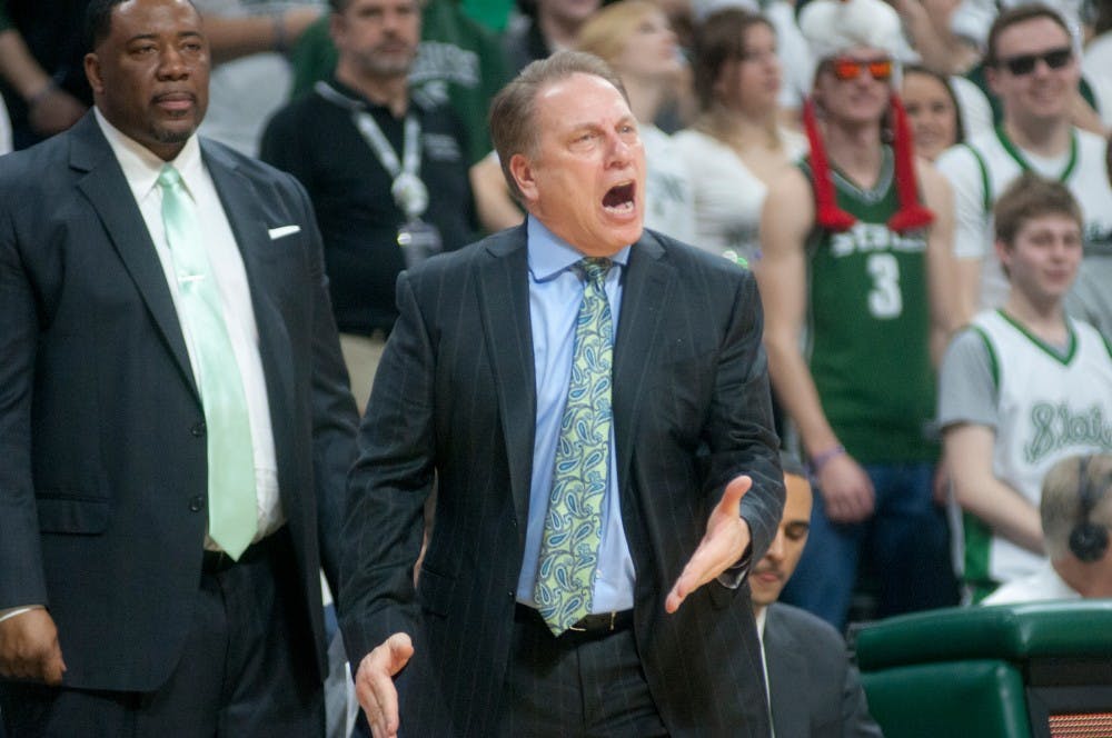 Head coach Tom Izzo reacts to a play during the first half of the game on Feb. 28, 2016 at the Breslin Center.  The Spartans defeated the Nittany Lions 88-57. 