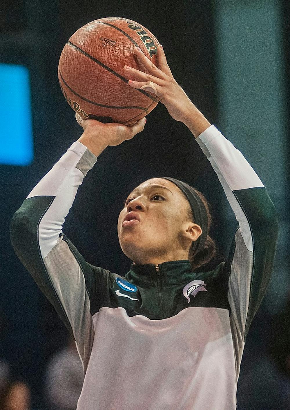 <p>Redshirt freshman Aerial Powers attempts a point March 25, 2014 during a game against North Carolina at Carmichael Arena in Chapel Hill, N.C. The Spartans lost, 62-53. Erin Hampton/The State News</p>