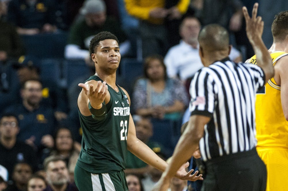 Freshman guard and forward Miles Bridges (22) reacts to a call during the second half of the men's basketball game against the University of Michigan on Feb. 7, 2017 at Crisler Arena in Ann Arbor, Mich. The Spartans were defeated by the Wolverines, 86-57.