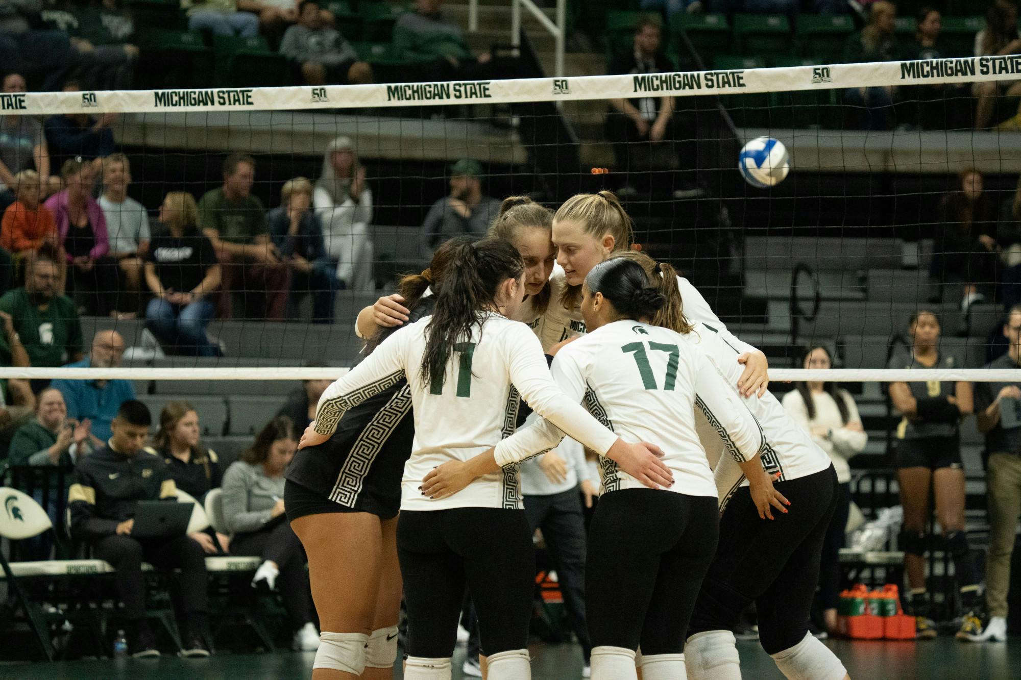 <p>MSU during a team huddle at the Purdue vs. MSU game held at the Breslin Center on Nov. 4. The Spartans ultimately fell to the Boilermakers 3-1.</p>