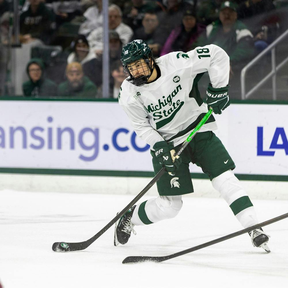 <p>MSU Fr. F, Ryker Lee (18), shoots the puck in Munn Ice Arena in East Lansing, MI on Jan. 23, 2026.</p>