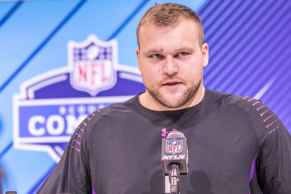 Former MSU center Brian Allen speaks to the media at the NFL Combine on March 1, 2018, at the Indianapolis Convention Center. Allen was an offensive All Big Ten selection last season.