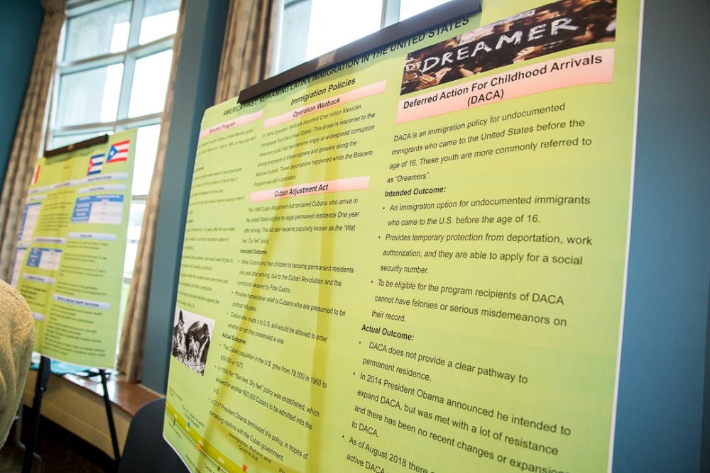 <p>Research on LatinX immigration posters are posted during the Bridges Not Walls event April 4, 2019 at Erickson Hall.</p>