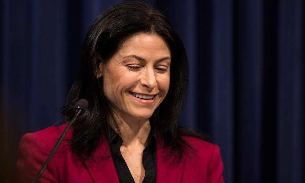<p>Michigan Attorney General Dana Nessel speaks during a press conference at the G. Mennen Williams Building in Lansing on Feb. 21, 2019.</p>