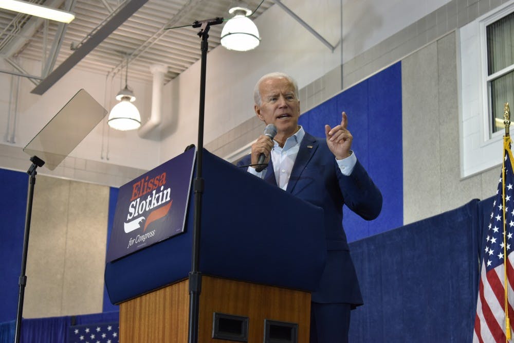 <p>President Joe Biden speaks at a rally for Democratic congressional candidate Elissa Slotkin on Nov. 1, 2018</p>