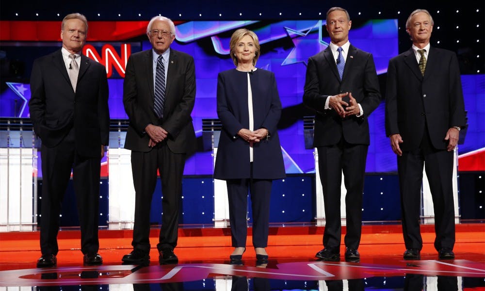 <p>From left, Democratic presidential candidates Jim Webb, Bernie Sanders, Hillary Rodham Clinton, Martin O'Malley and Lincoln Chafee on the debate stage on Oct. 13, 2015, in Las Vegas.</p>