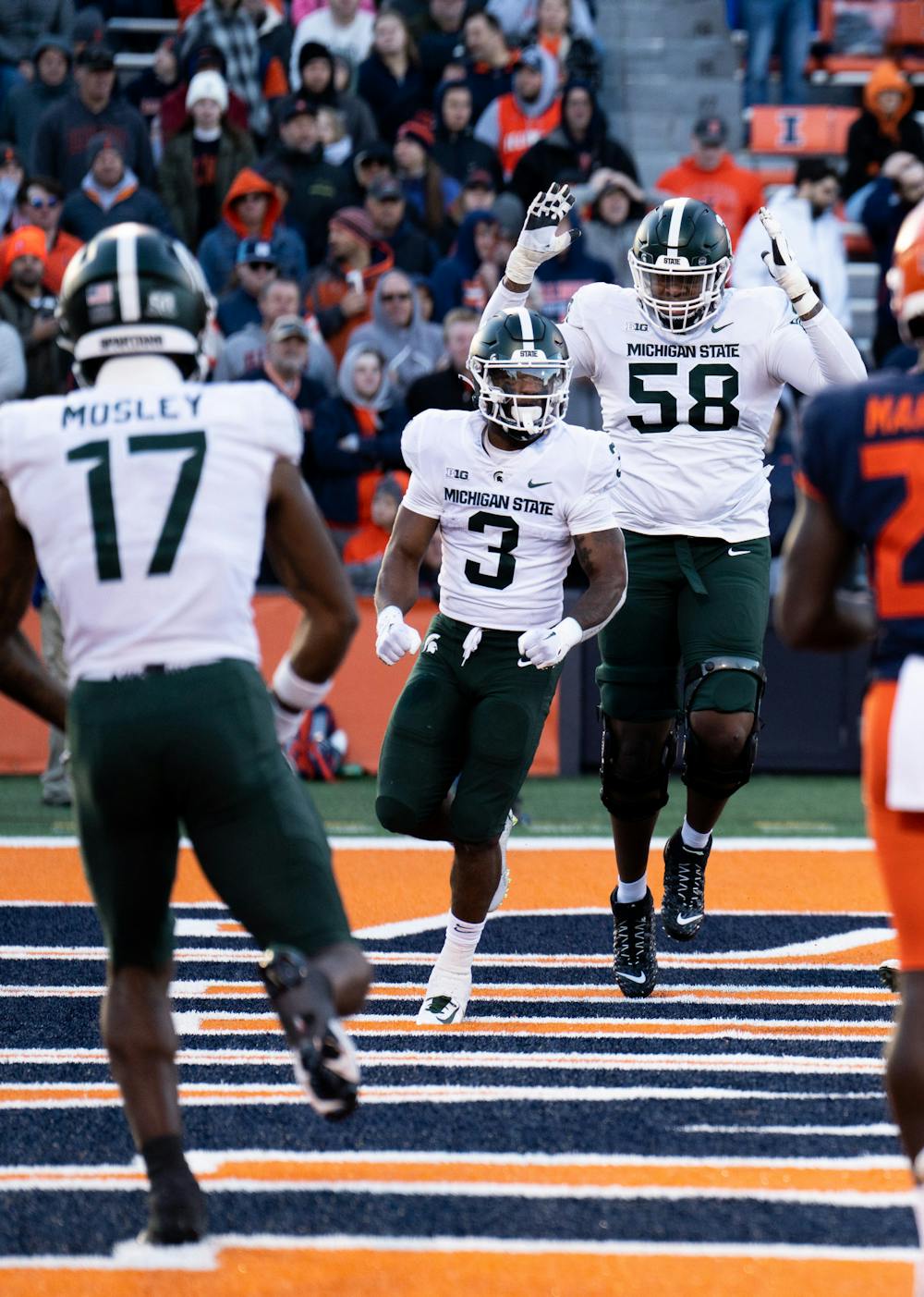 <p>Fifth-year running back Jarek Broussard (3) celebrates after scoring a touchdown in a game against University of Illinois at Memorial Stadium on Nov. 5, 2022. Spartans beat the Fighting Illini with a score of 23-15. </p>