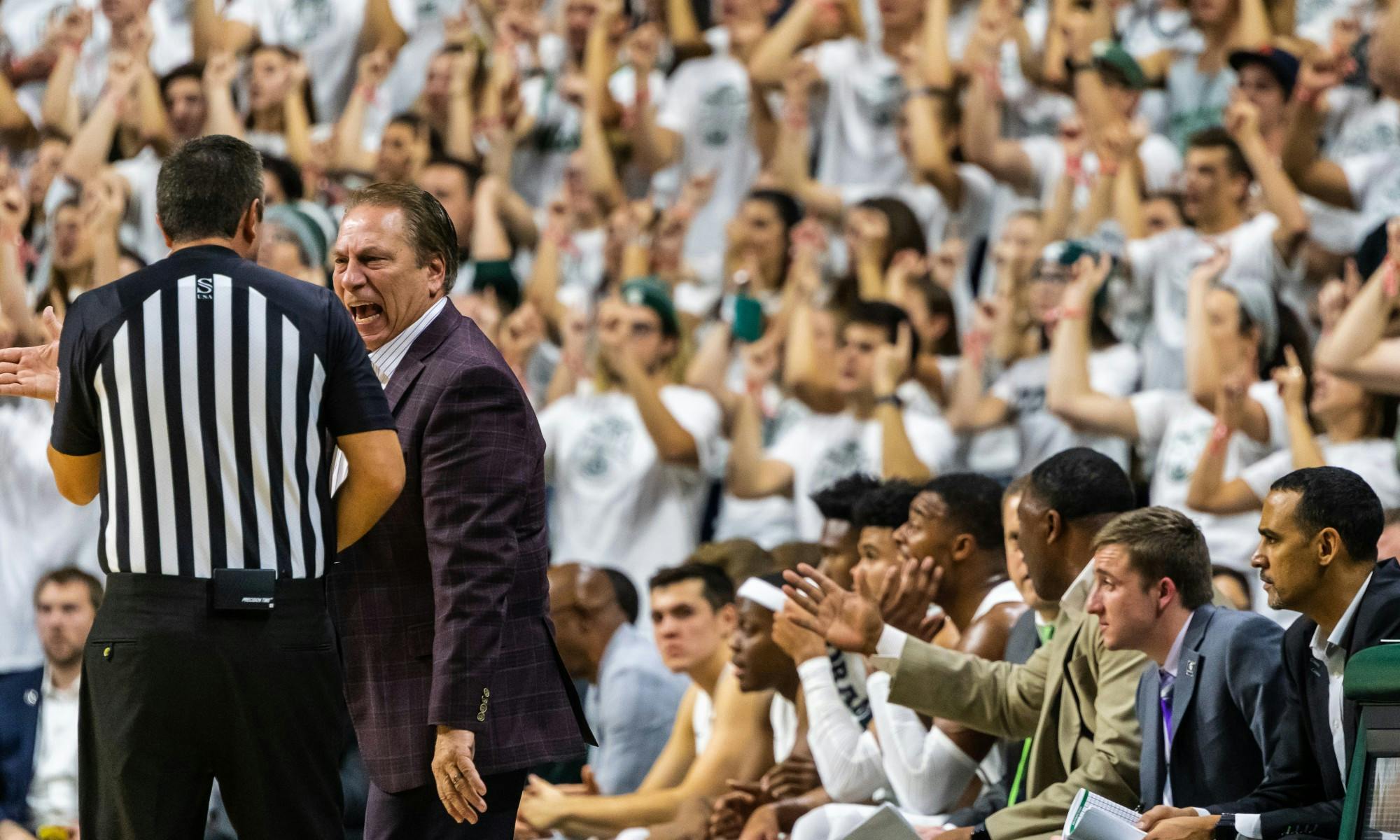 Coach Tom Izzo yells at an official after a Michigan State foul.The Spartans defeated the Britons, 85-50, at the Breslin Student Events Center on October 29, 2019. 