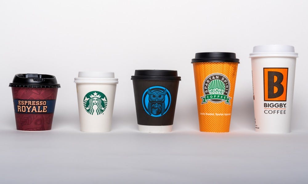 <p>Coffee cups from around East Lansing photographed on Aug. 13, 2019.</p>