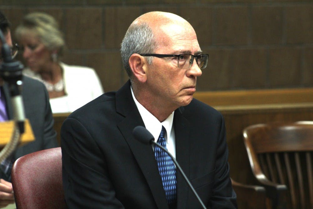 <p>Joseph Hattey listens to Judge Boyd at his preliminary hearing on June 21, 2018 in the 55th District Court. Hattey faces two charges of sodomy.</p>