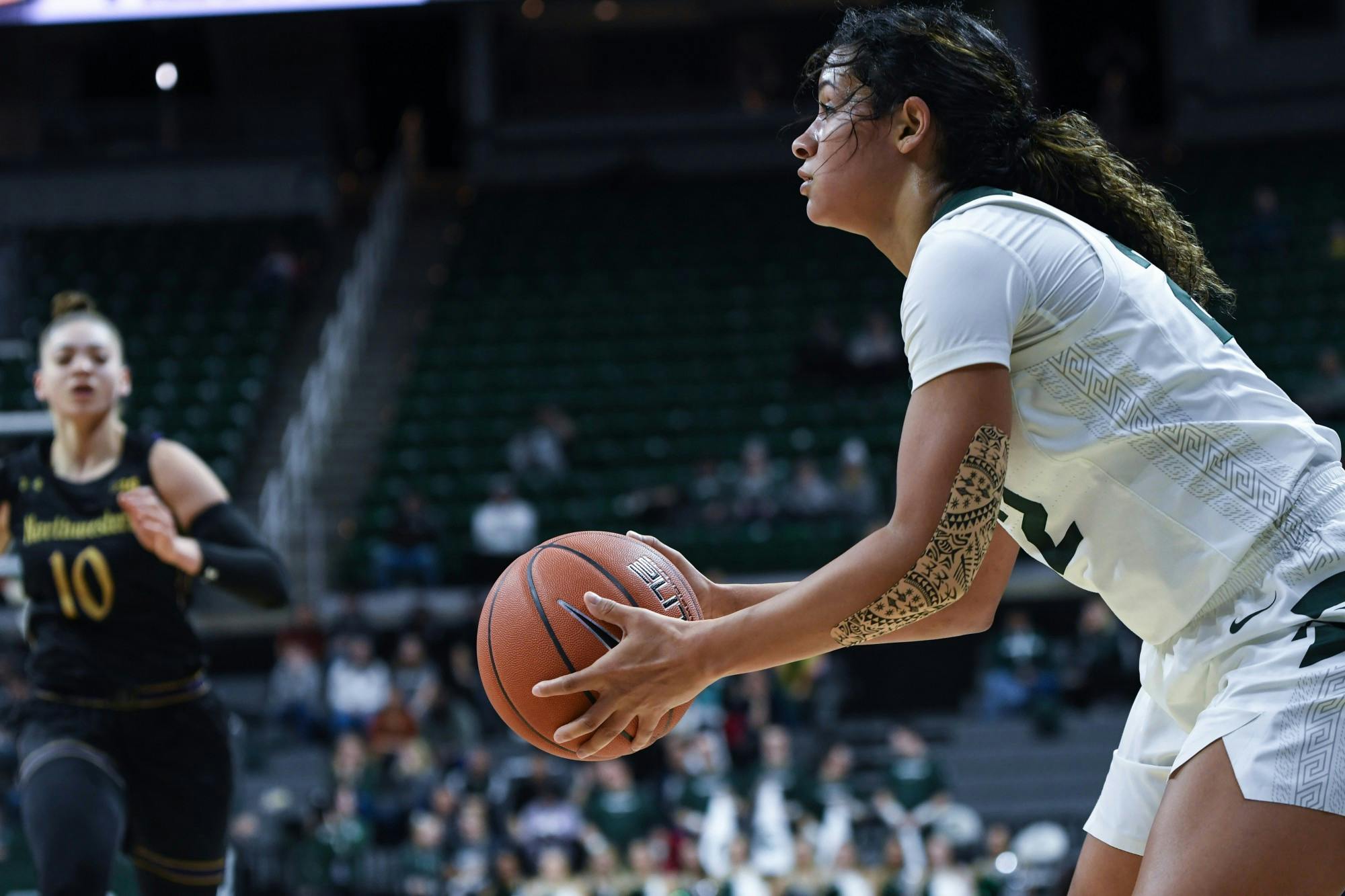 <p>Freshman guard Moira Joiner (22) prepares for a shot during a women’s basketball game against Northwestern on Jan. 23, 2020 at the Breslin Center. The Spartans fell to the Wildcats 76-48.</p>