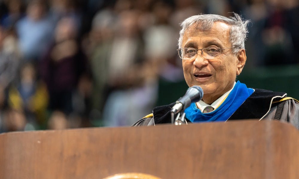President Satish Udpa speaks at the Graduate Commencement Ceremony at the Breslin Student Events Center on May 3, 2019.