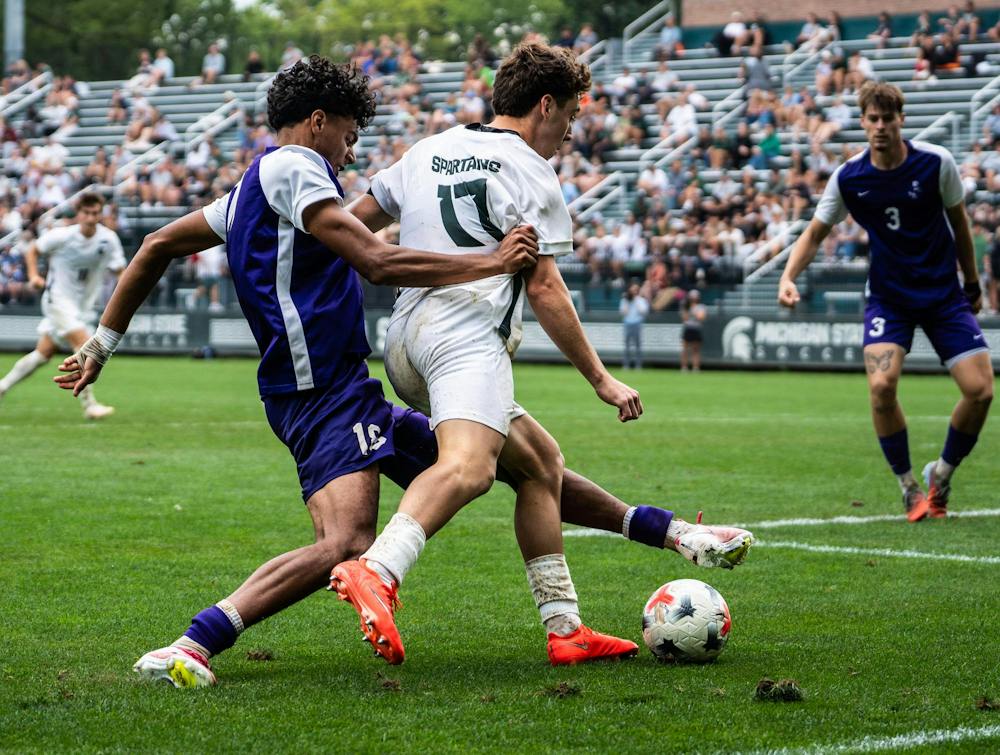 <p>MSU sophomore midfielder, Peter Soudan (17) fights to get to the ball as Niagara junior back, Chase Dade (18) slides to block him at DeMartin Stadium in East Lansing, Mich., on Sunday, Aug 30, 2026.</p>