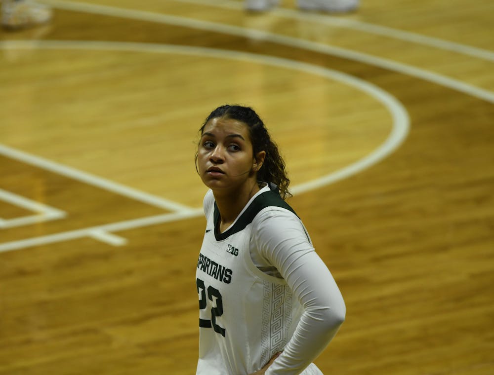 <p>Michigan State guard Moira Joiner gazes into empty stands during the Spartans&#x27; game against Central Michigan on Friday, Dec. 18, 2020, at the Breslin Center.</p>