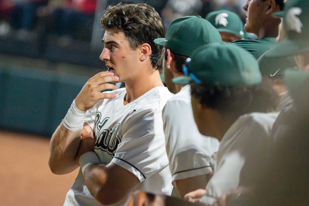 <p>Spartan players talking in the dugout during a game against University of Nebraska at McLane Stadium on May 16, 2024. After an hour-long rain delay, Michigan State fell to the Corn Huskers two runs to one.</p>