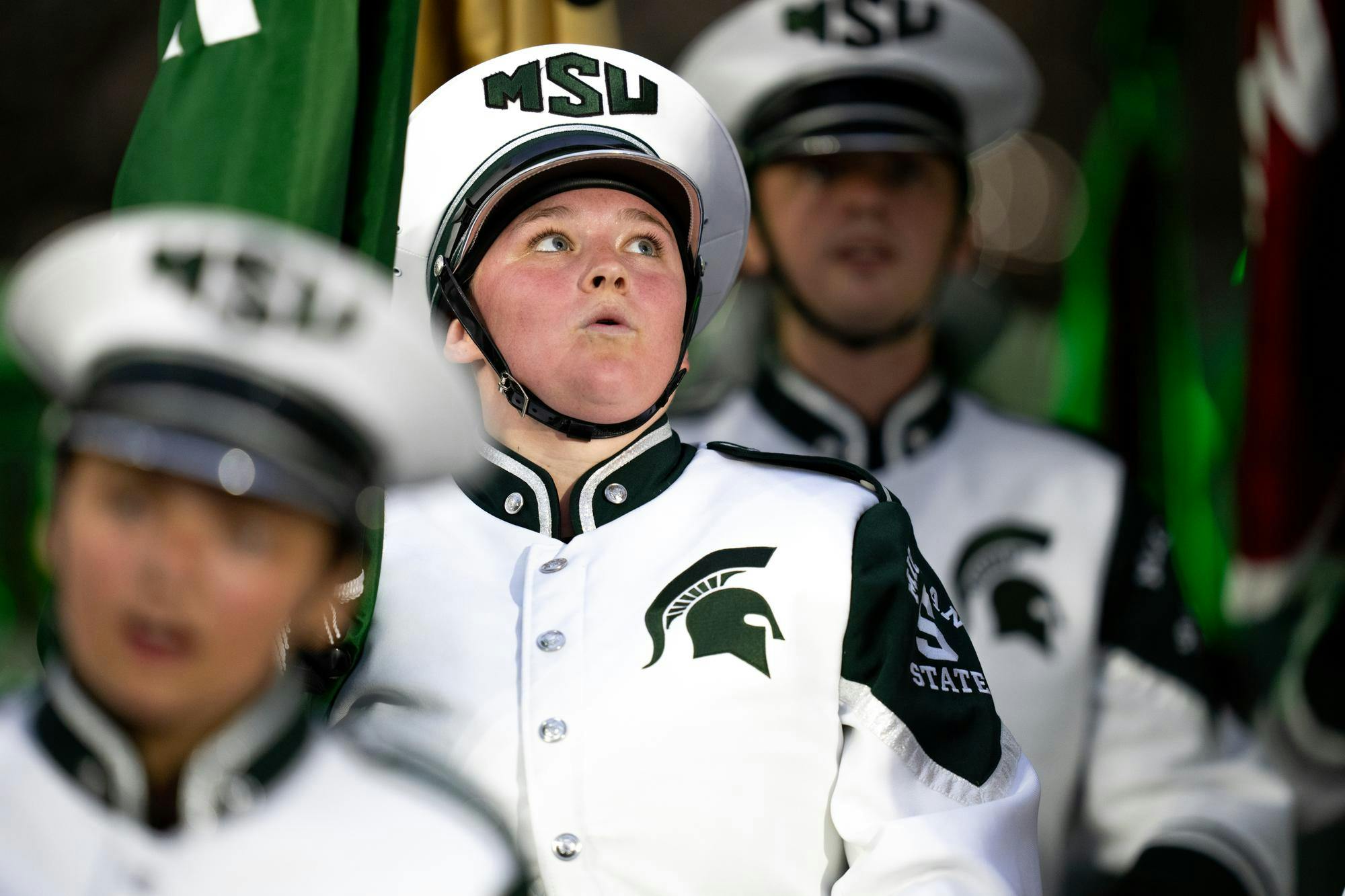 <p>A member of the Spartan Marching Band takes in the grandiose views of Spartan Stadium, Sept. 28, 2024. Despite a competitive first half, the Spartans fell 38-7 to the Buckeyes.</p>