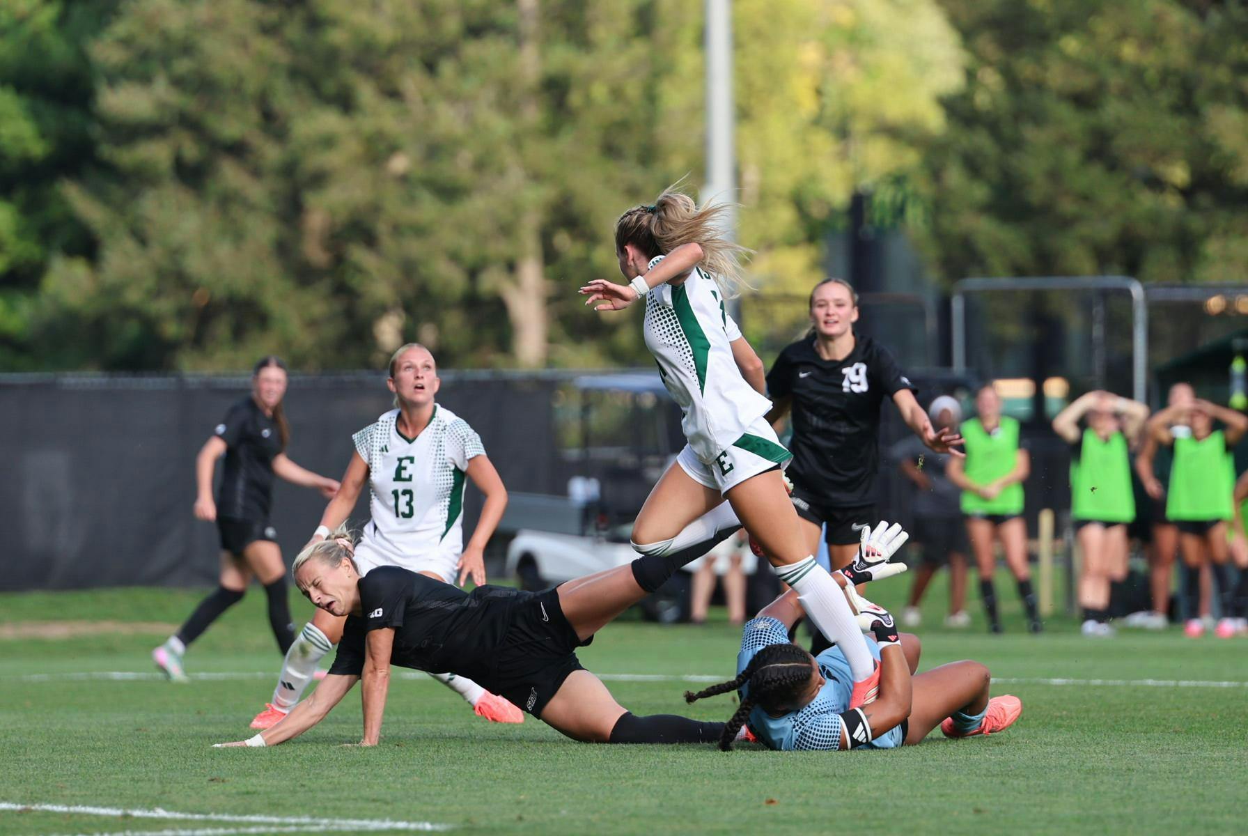 <p>Senior midfielder Ella Janz (22) collides with opposing players in a scoreless draw between MSU and Eastern Michigan at DeMartin Stadium on Aug. 27, 2026.</p>