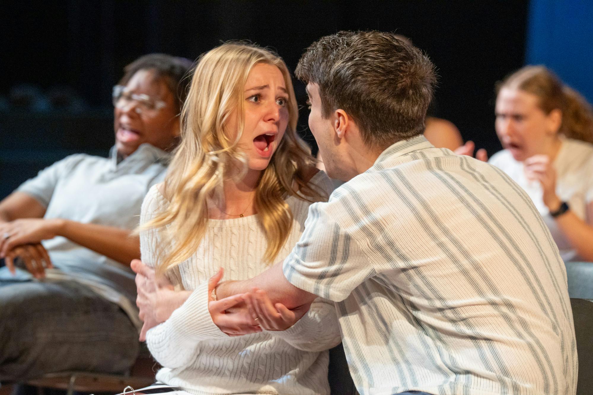 Michigan State University theater students perform during a dress rehearsal of “Taking Off” at the Wharton Center in East Lansing, Mich., Tuesday, Sept. 16, 2025.