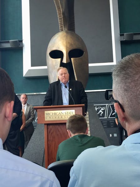 <p>Bill Beekman speaks at a July 16, 2018, press conference announcing his appointment as MSU&#x27;s permanent athletic director.</p>