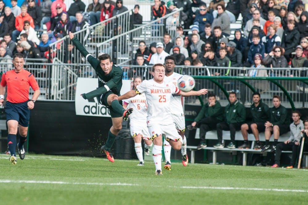 Sophomore forward Hunter Barone (7) takes a shot from distance during the Big Ten men's soccer semifinal against Maryland on Nov. 11, 2016 at Grand Park in Westfield, Ind. The Spartans were defeated by the Terrapins, 2-1. 