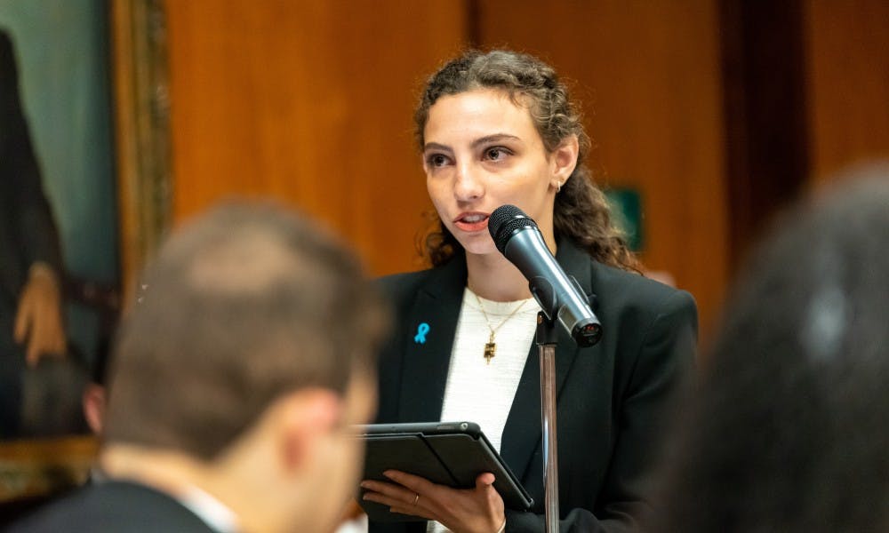 Former ASMSU president Katherine “Cookie” Rifiotis comments on the presidential selection process during the MSU Board of Trustees Meeting at the Hannah Administration Building on May 28, 2019. 